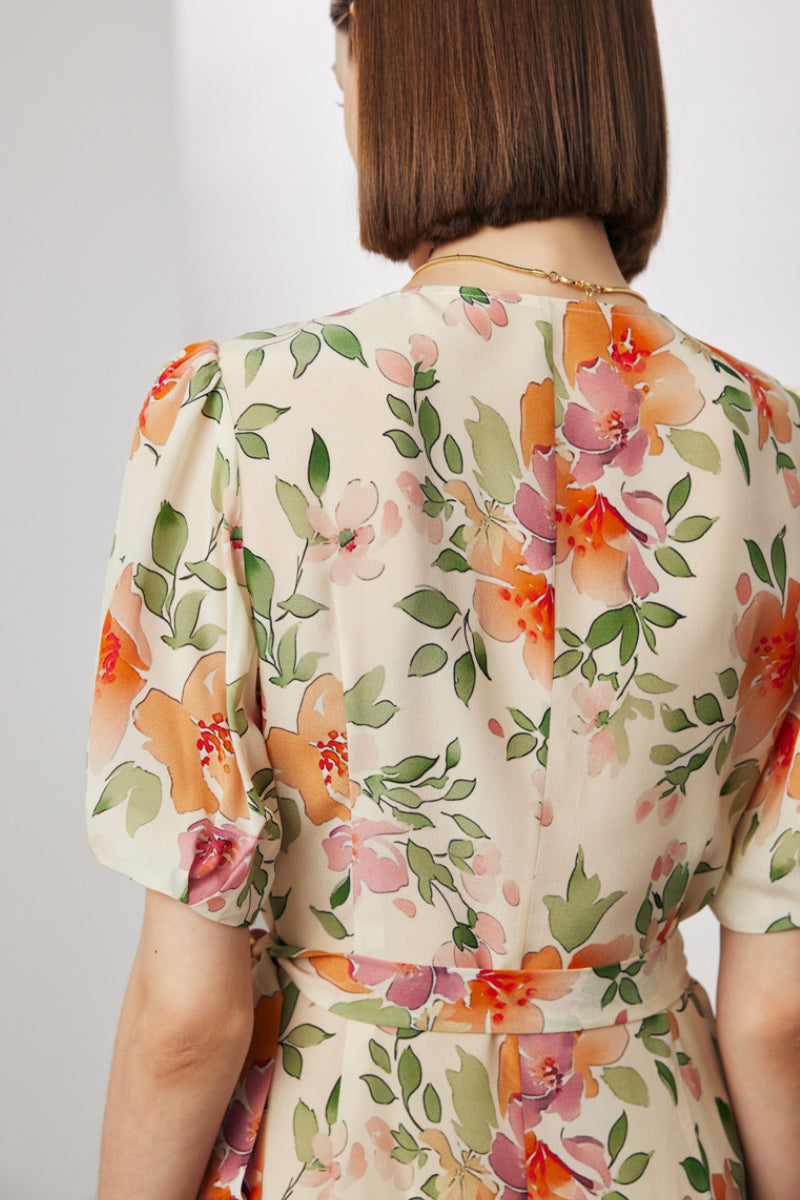 100 Mulberry Silk Floral Puff-Sleeve V-Neck Ruffle Wrap Midi Dress