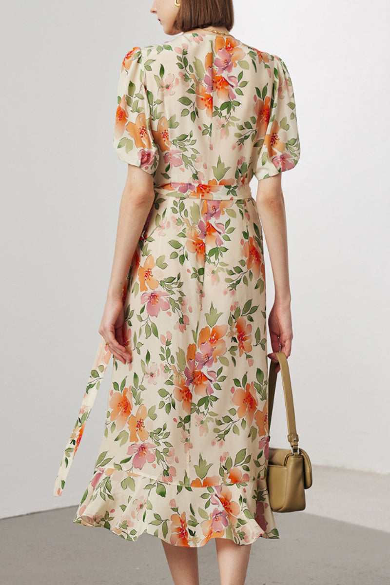 100 Mulberry Silk Floral Puff-Sleeve V-Neck Ruffle Wrap Midi Dress