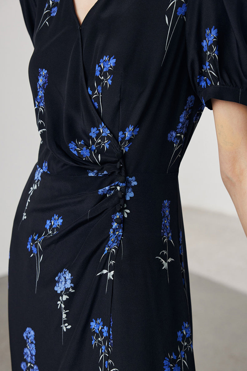 100 Mulberry Silk Floral Puff-Sleeve V-Neck Wrap Midi Dress