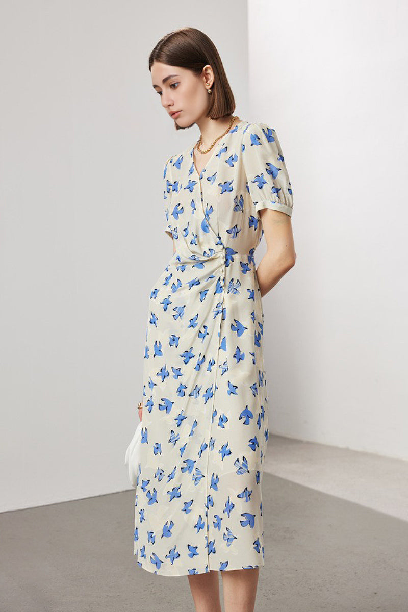 100 Mulberry Silk Floral Puff-Sleeve V-Neck Wrap Midi Dress