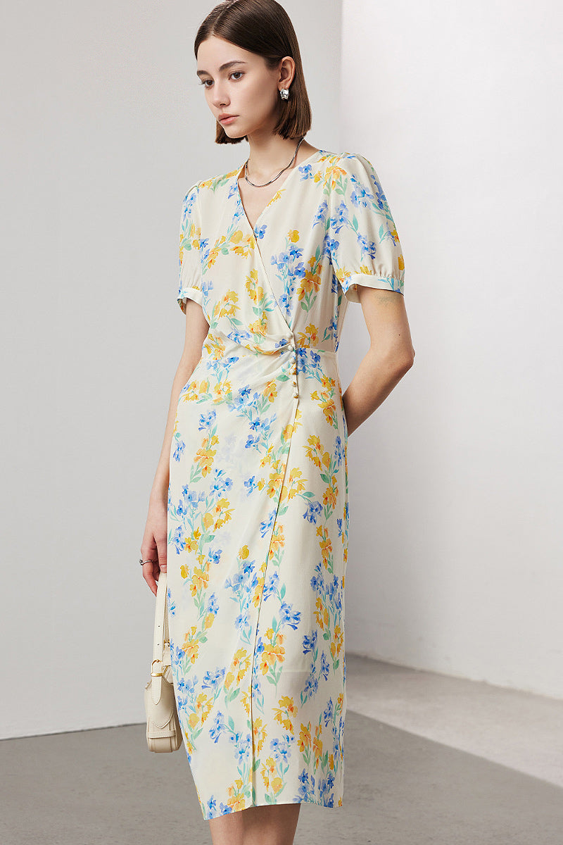 100 Mulberry Silk Floral Puff-Sleeve V-Neck Wrap Midi Dress