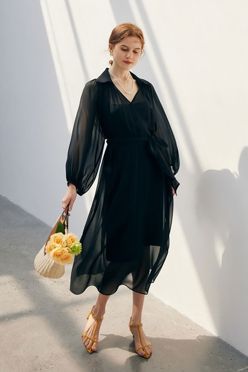100 Mulberry Silk Flowy Sheer Balloon-Sleeve V-Neck Collared Midi Dress with Belt