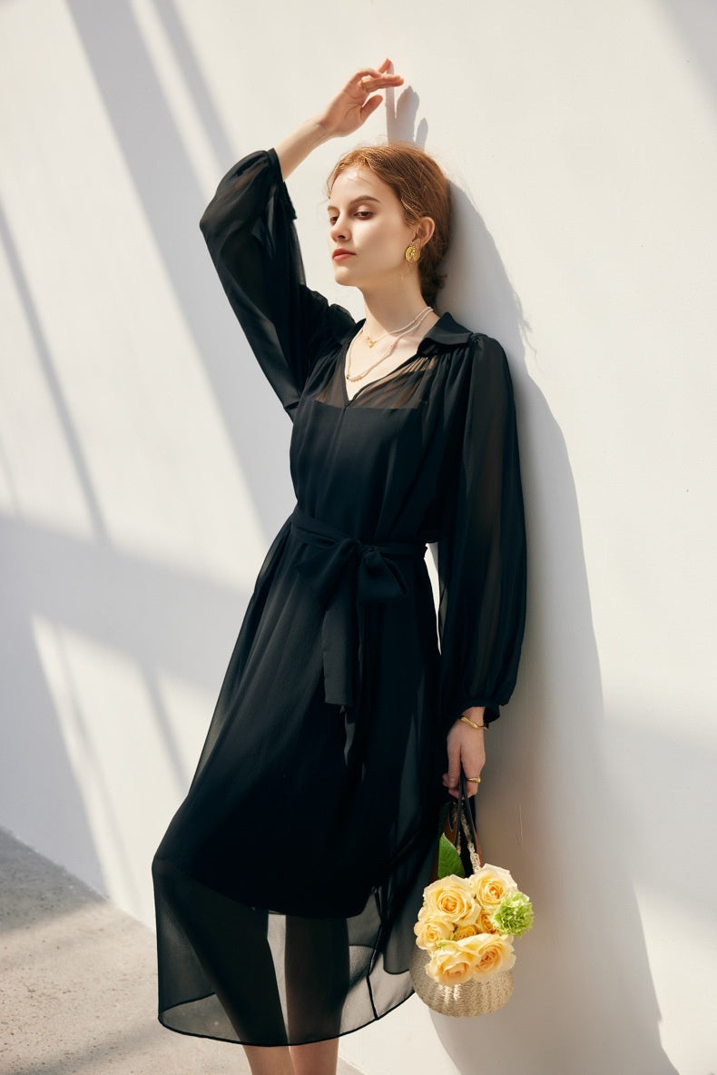 100 Mulberry Silk Flowy Sheer Balloon-Sleeve V-Neck Collared Midi Dress with Belt
