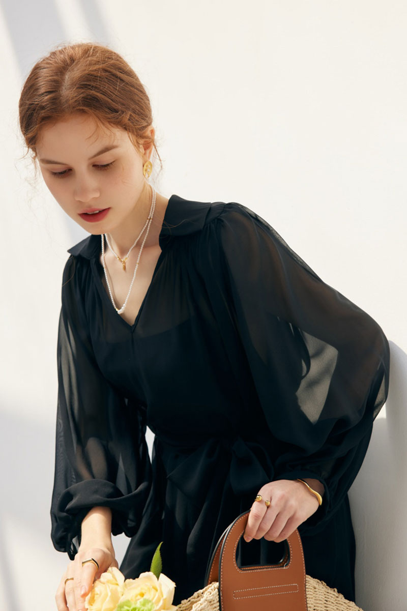 100 Mulberry Silk Flowy Sheer Balloon-Sleeve V-Neck Collared Midi Dress with Belt