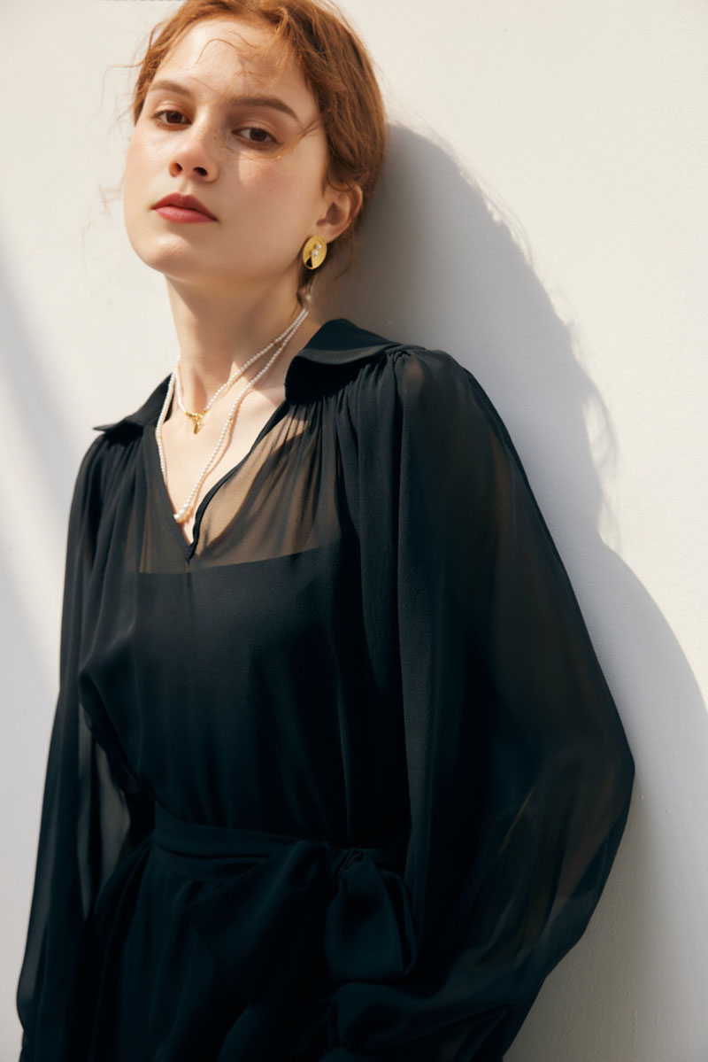 100 Mulberry Silk Flowy Sheer Balloon-Sleeve V-Neck Collared Midi Dress with Belt