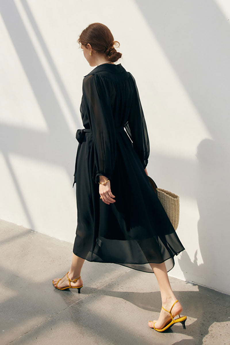 100 Mulberry Silk Flowy Sheer Balloon-Sleeve V-Neck Collared Midi Dress with Belt