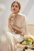 100 Mulberry Silk Flowy Sheer Balloon-Sleeve V-Neck Collared Midi Dress with Belt