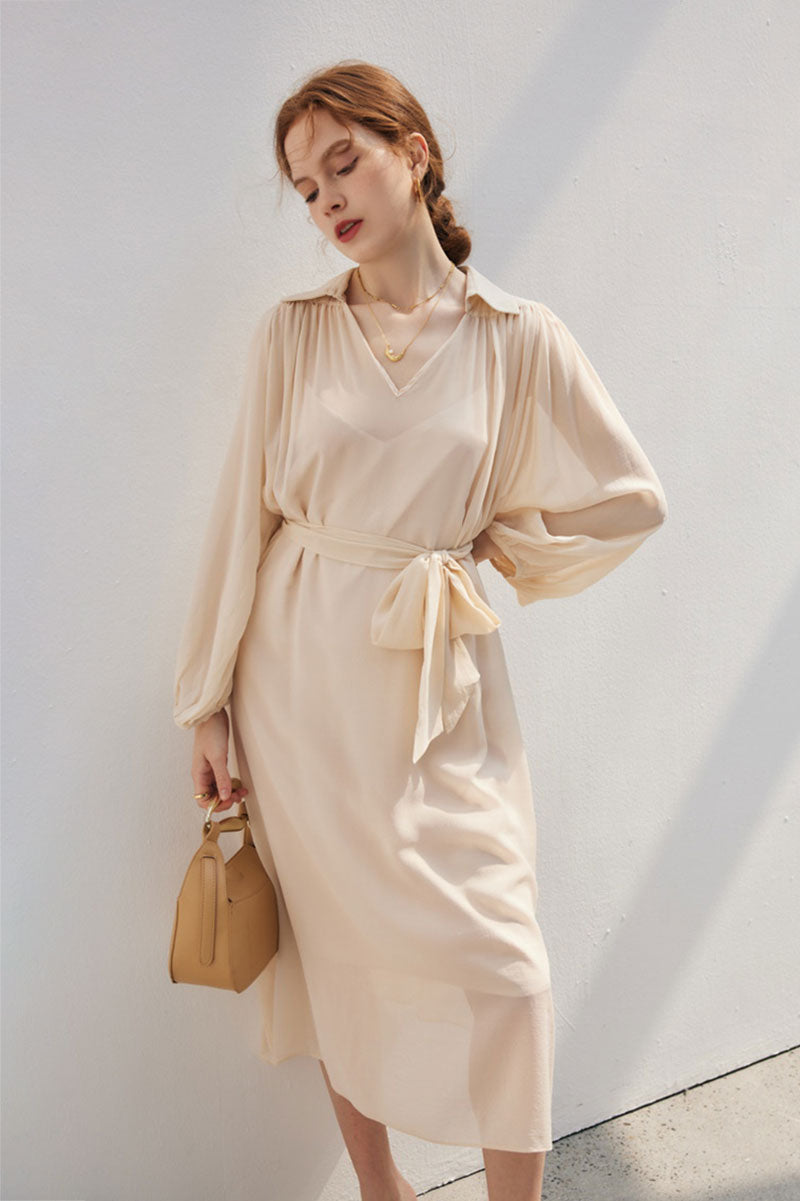 100 Mulberry Silk Flowy Sheer Balloon-Sleeve V-Neck Collared Midi Dress with Belt
