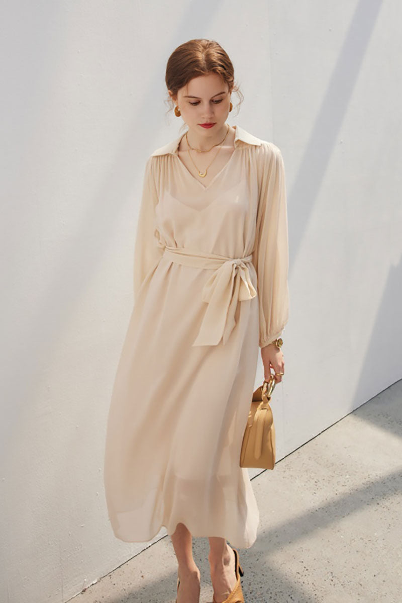 100 Mulberry Silk Flowy Sheer Balloon-Sleeve V-Neck Collared Midi Dress with Belt