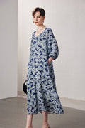 100 Mulberry Silk Leaf Print Balloon-Sleeve V-Neck Midi Dress with Tie Waist
