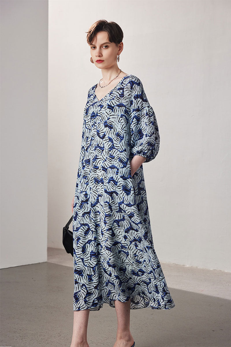 100 Mulberry Silk Leaf Print Balloon-Sleeve V-Neck Midi Dress with Tie Waist
