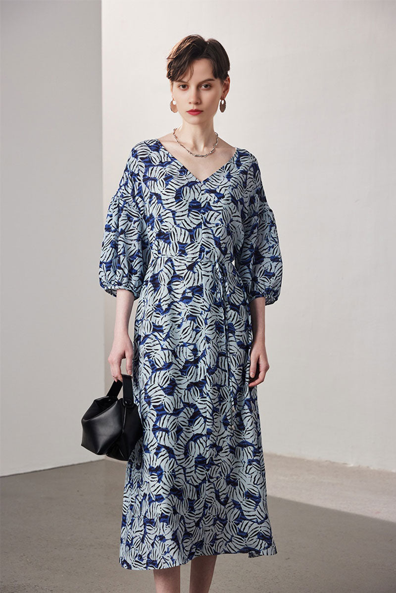 100 Mulberry Silk Leaf Print Balloon-Sleeve V-Neck Midi Dress with Tie Waist