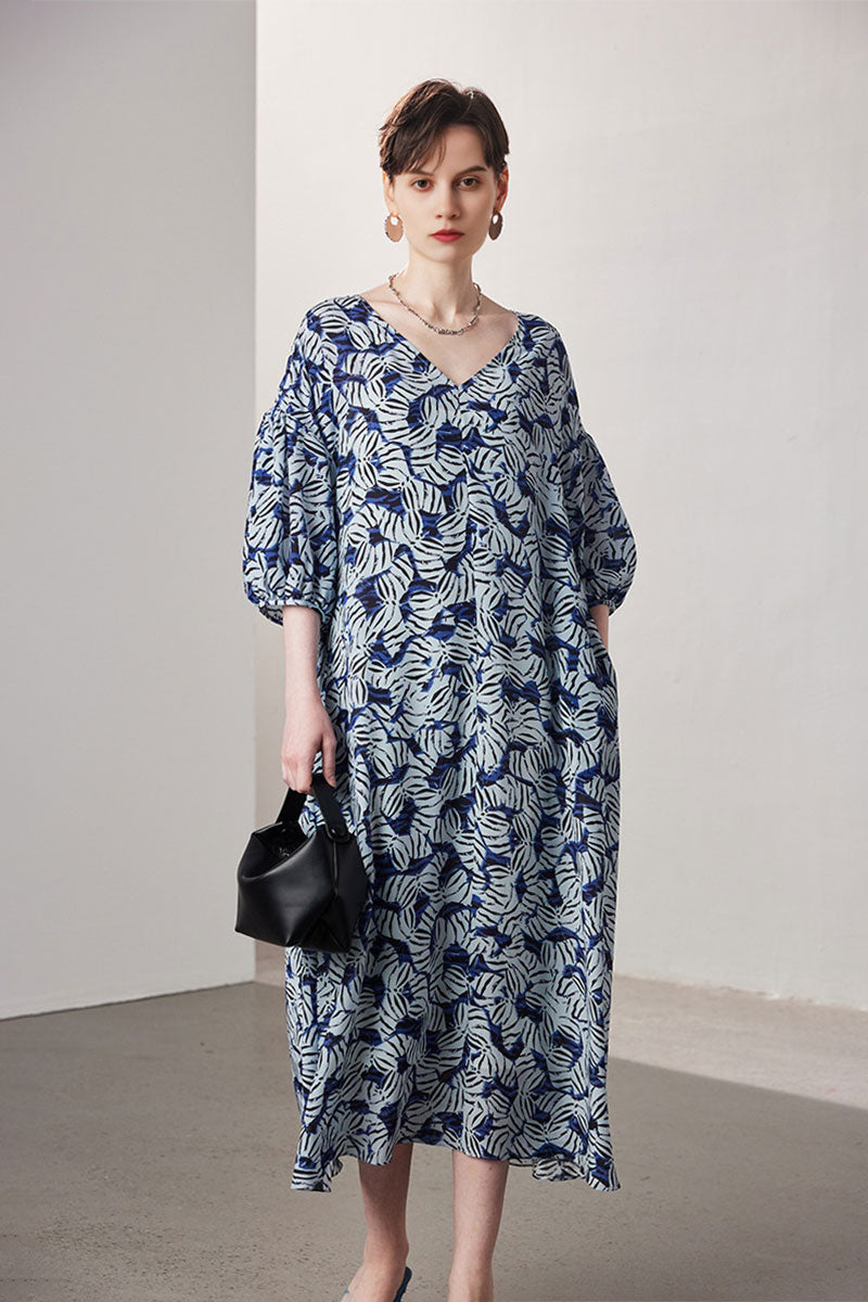 100 Mulberry Silk Leaf Print Balloon-Sleeve V-Neck Midi Dress with Tie Waist