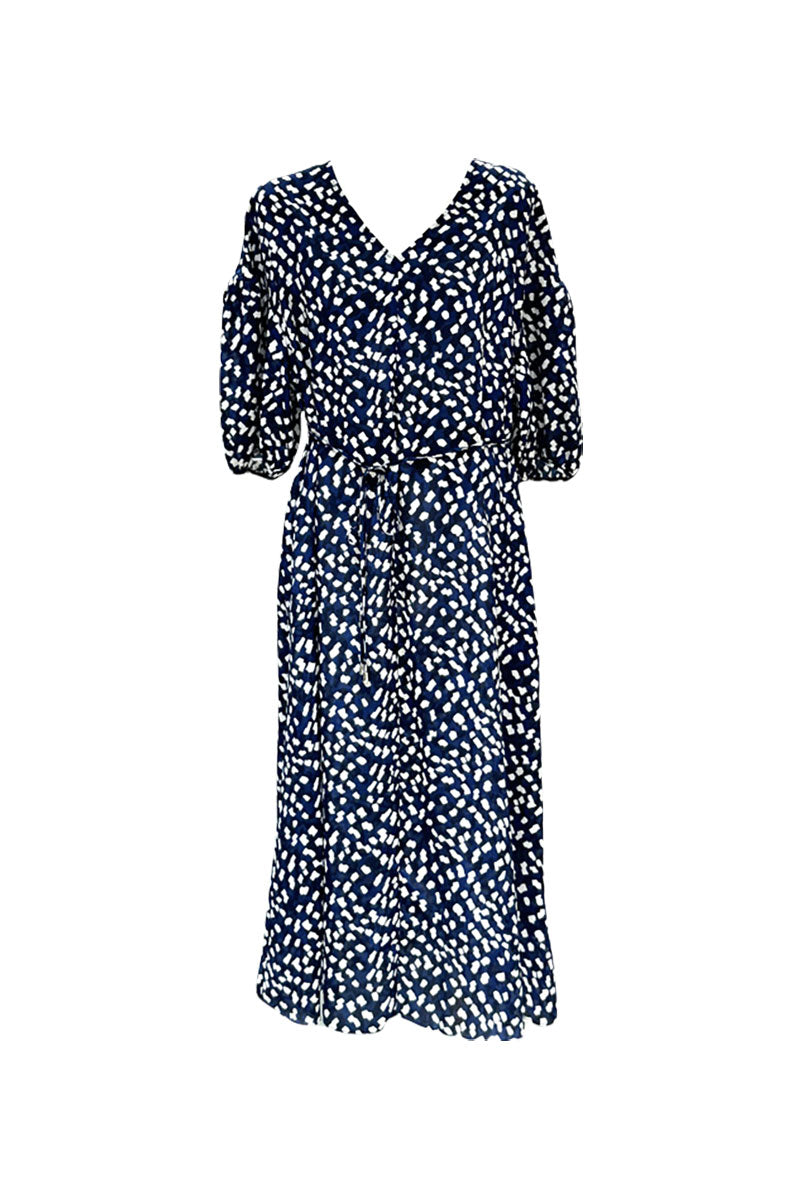 100 Mulberry Silk Leaf Print Balloon-Sleeve V-Neck Midi Dress with Tie Waist