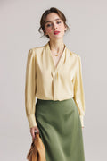 100 Mulberry Silk Long-Sleeve Button-Down V-Neck Blouse