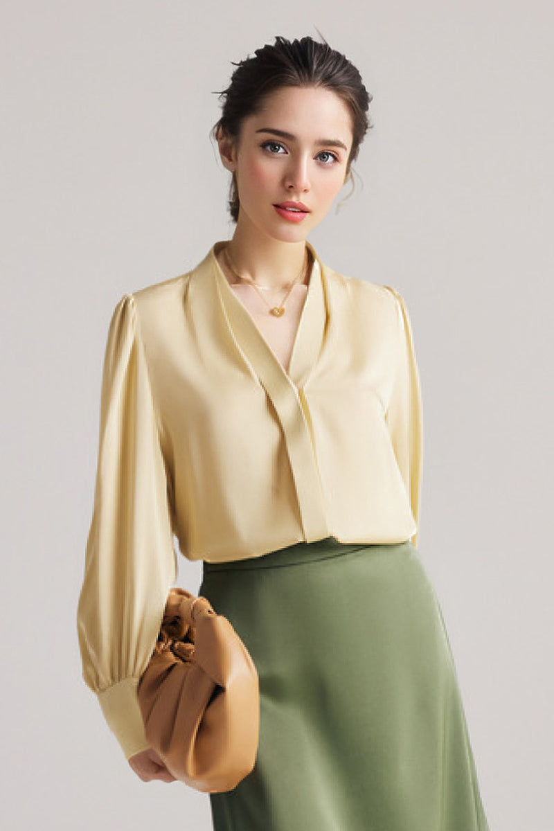 100 Mulberry Silk Long-Sleeve Button-Down V-Neck Blouse