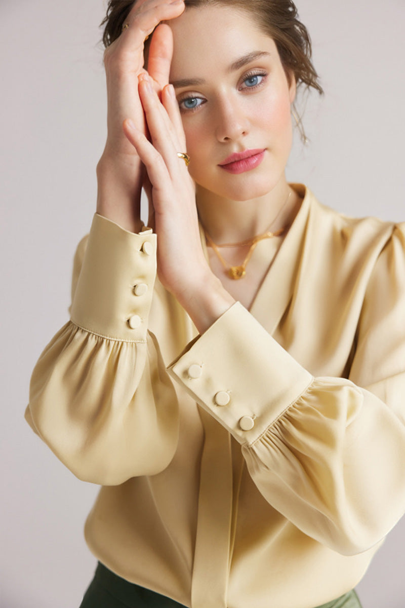 100 Mulberry Silk Long-Sleeve Button-Down V-Neck Blouse