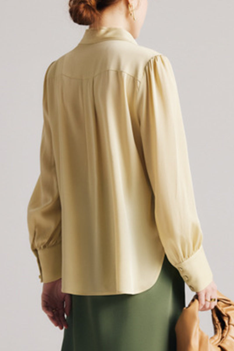 100 Mulberry Silk Long-Sleeve Button-Down V-Neck Blouse