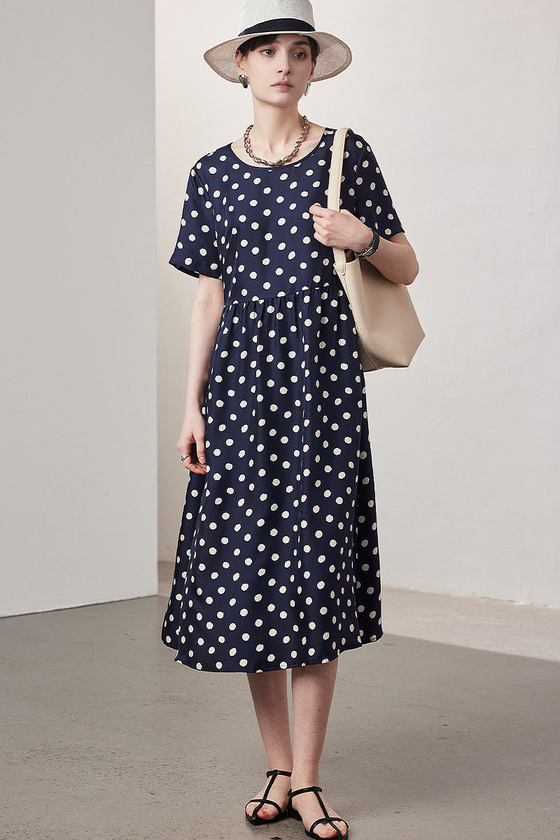 100 Mulberry Silk Polka-Dot Short-Sleeve Midi Dress in Navy