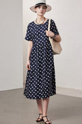 100 Mulberry Silk Polka-Dot Short-Sleeve Midi Dress in Navy
