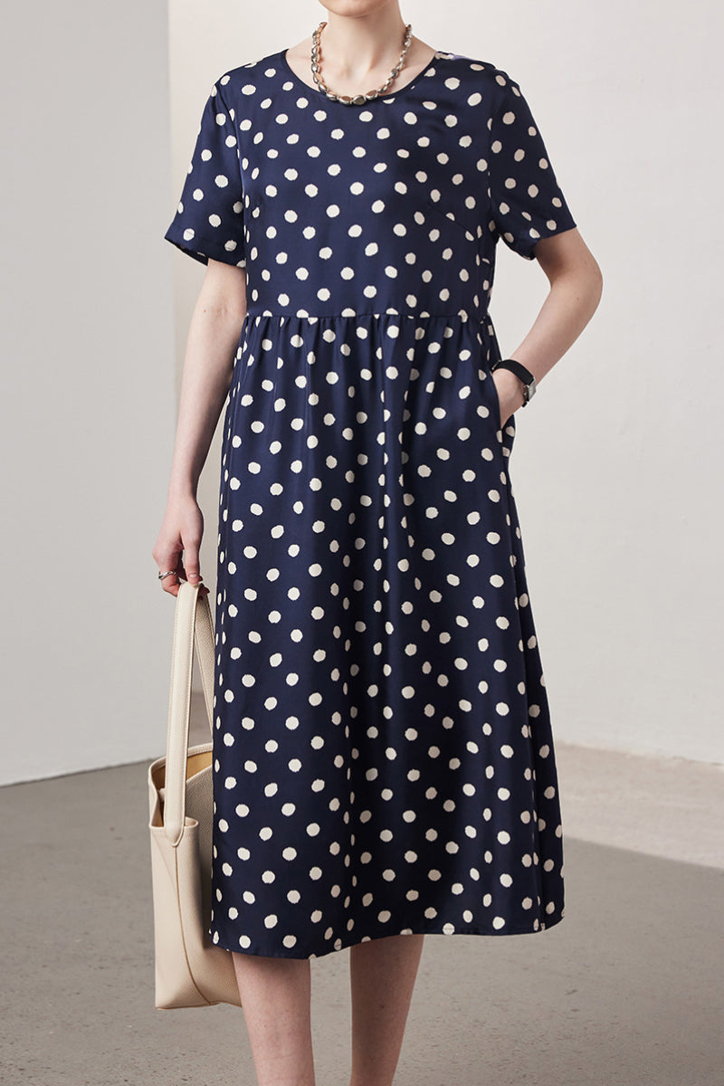 100 Mulberry Silk Polka-Dot Short-Sleeve Midi Dress in Navy