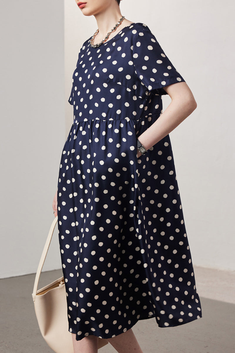 100 Mulberry Silk Polka-Dot Short-Sleeve Midi Dress in Navy