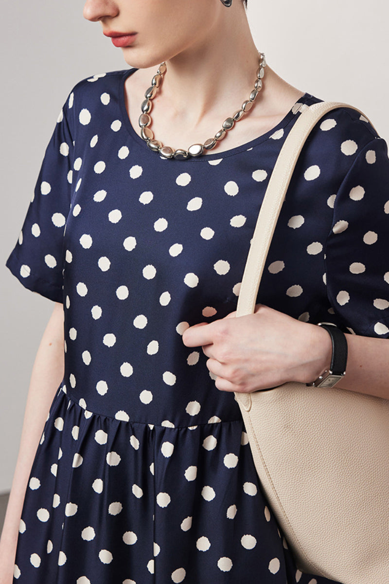 100 Mulberry Silk Polka-Dot Short-Sleeve Midi Dress in Navy