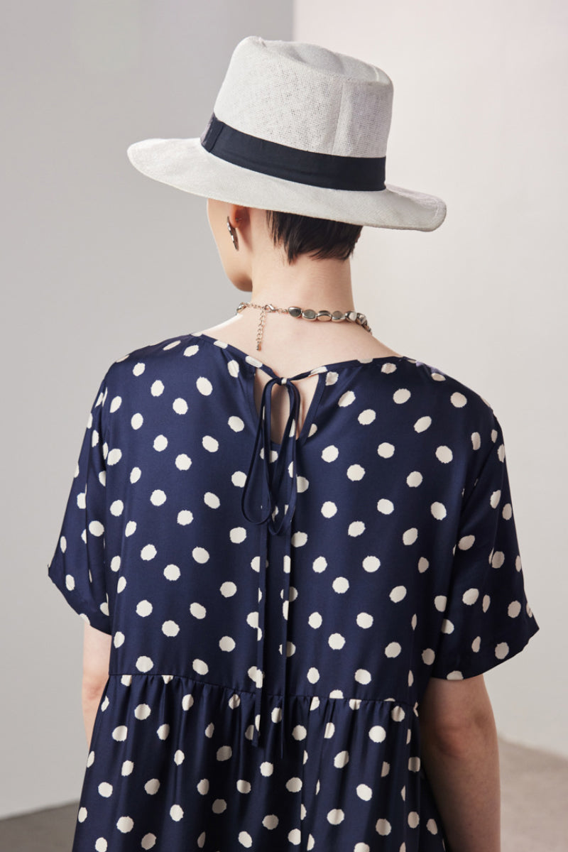 100 Mulberry Silk Polka-Dot Short-Sleeve Midi Dress in Navy