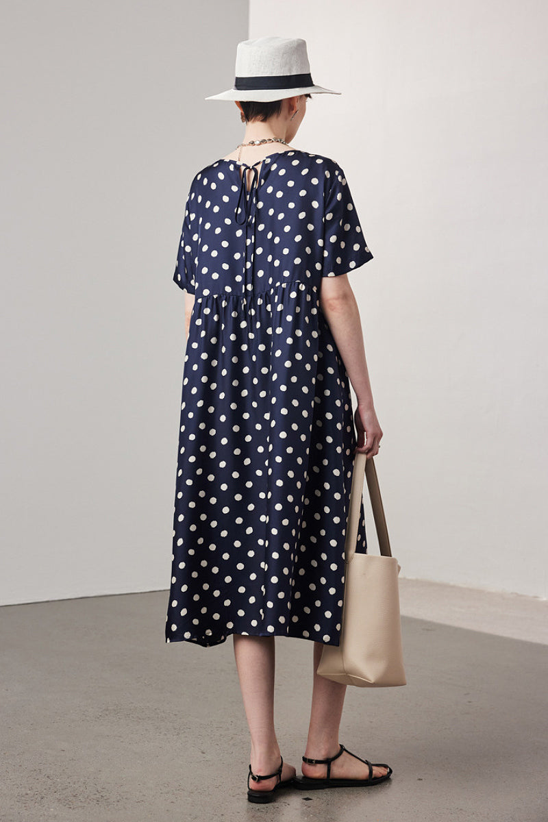 100 Mulberry Silk Polka-Dot Short-Sleeve Midi Dress in Navy
