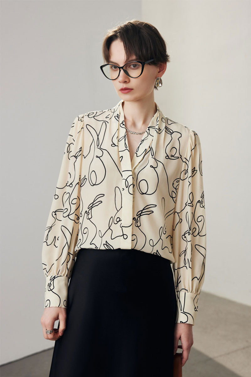 100 Mulberry Silk Rabbit Print Button-Down V-Neck Blouse