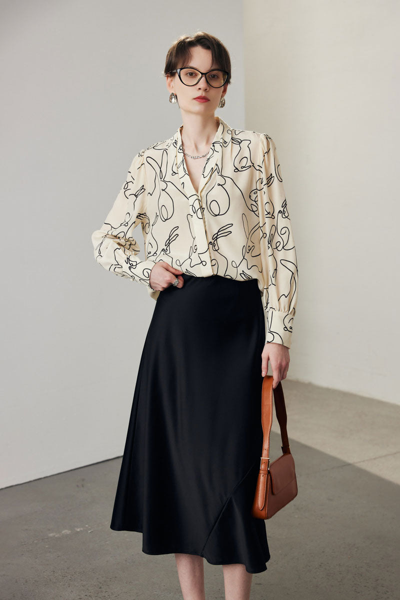 100 Mulberry Silk Rabbit Print Button-Down V-Neck Blouse