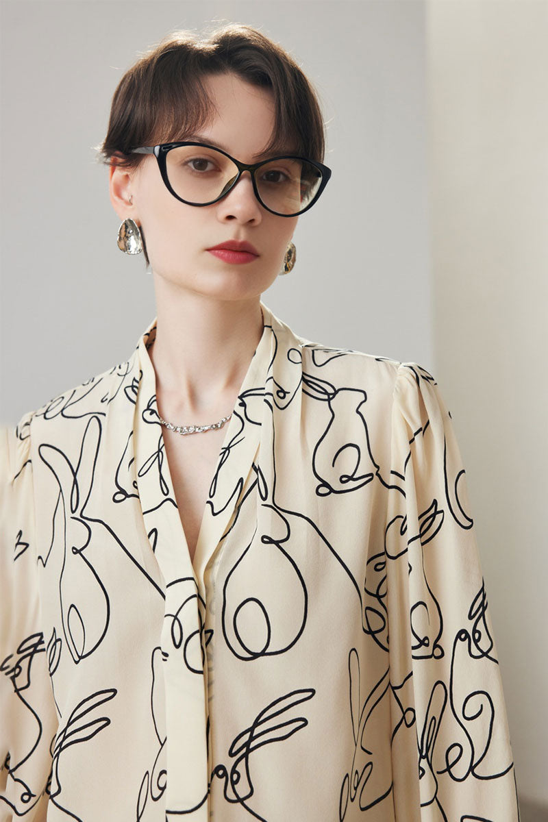 100 Mulberry Silk Rabbit Print Button-Down V-Neck Blouse