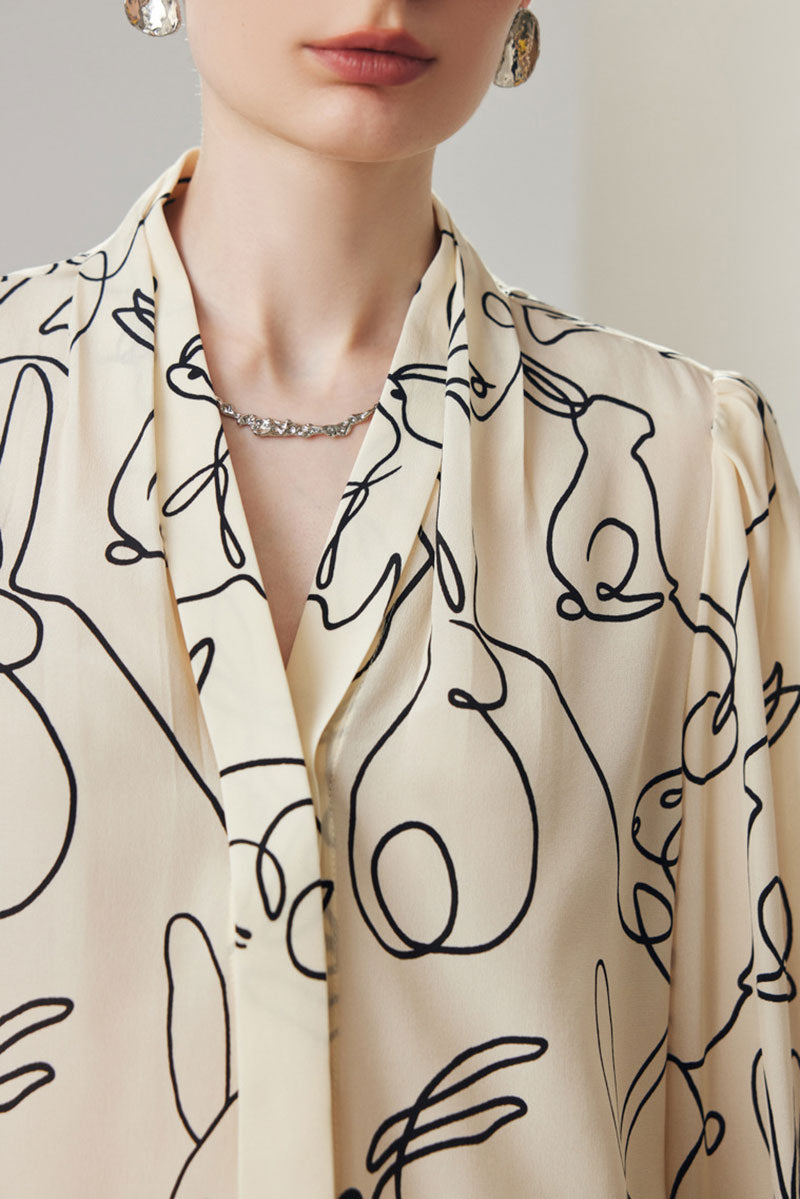 100 Mulberry Silk Rabbit Print Button-Down V-Neck Blouse