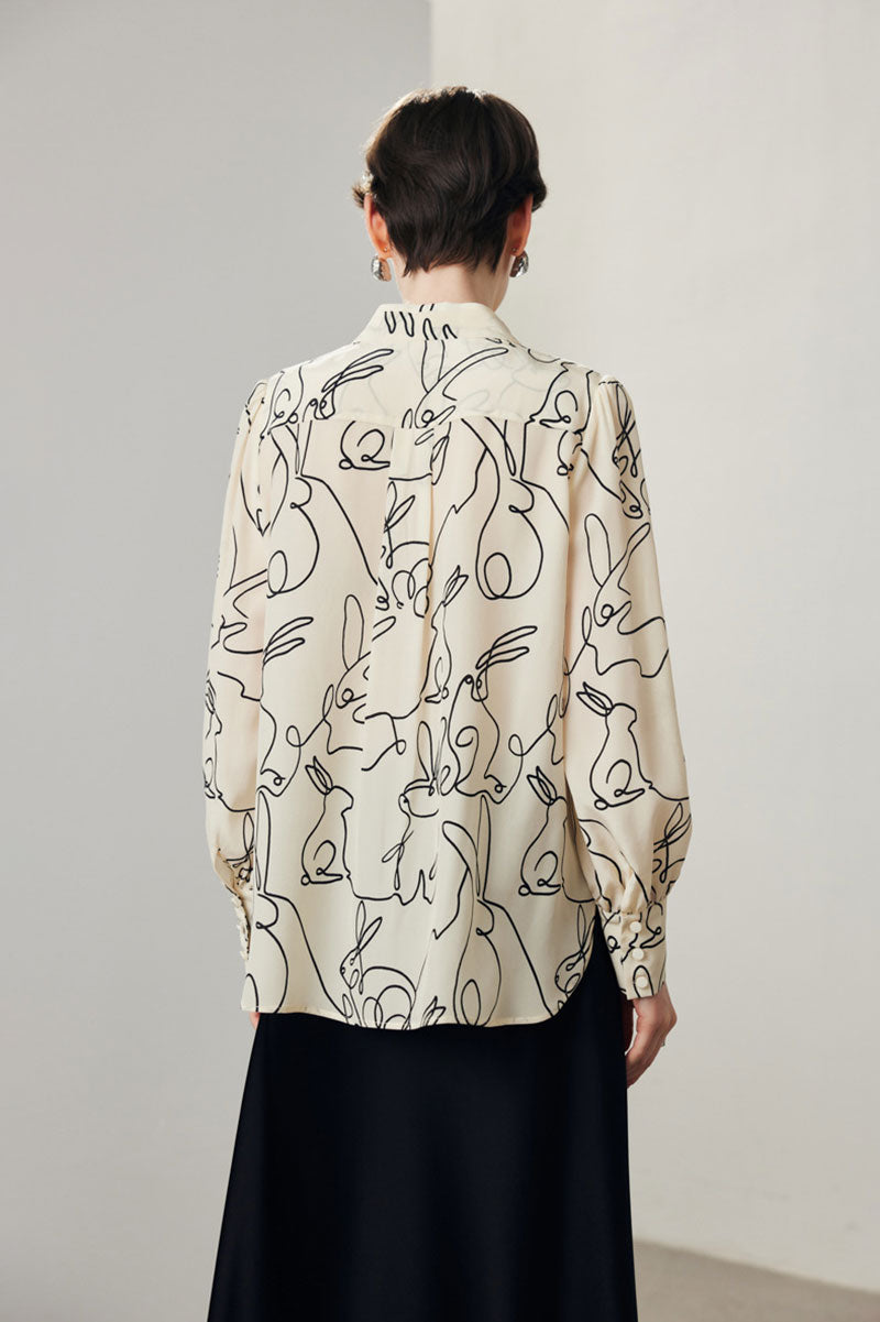 100 Mulberry Silk Rabbit Print Button-Down V-Neck Blouse