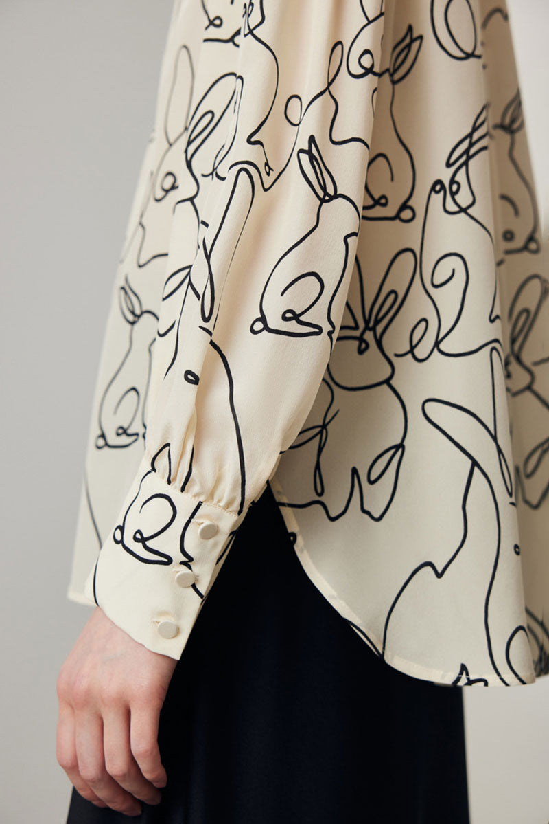 100 Mulberry Silk Rabbit Print Button-Down V-Neck Blouse