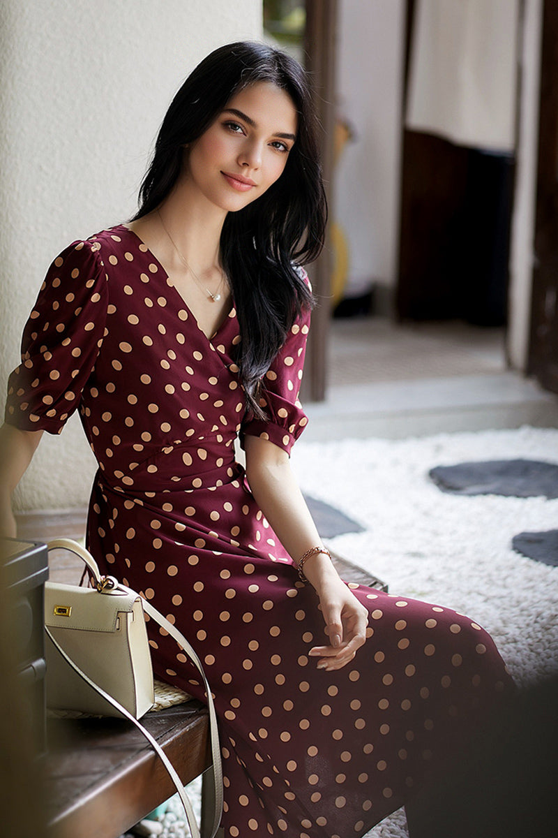 100 Mulberry Silk Red Polka-Dot Midi Tea Dress