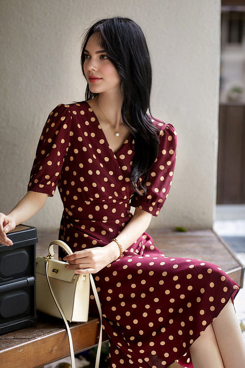 100 Mulberry Silk Red Polka-Dot Midi Tea Dress