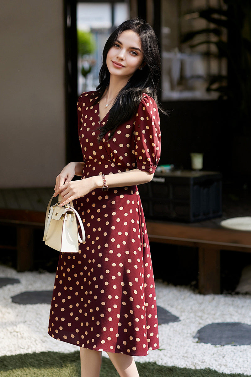 100 Mulberry Silk Red Polka-Dot Midi Tea Dress