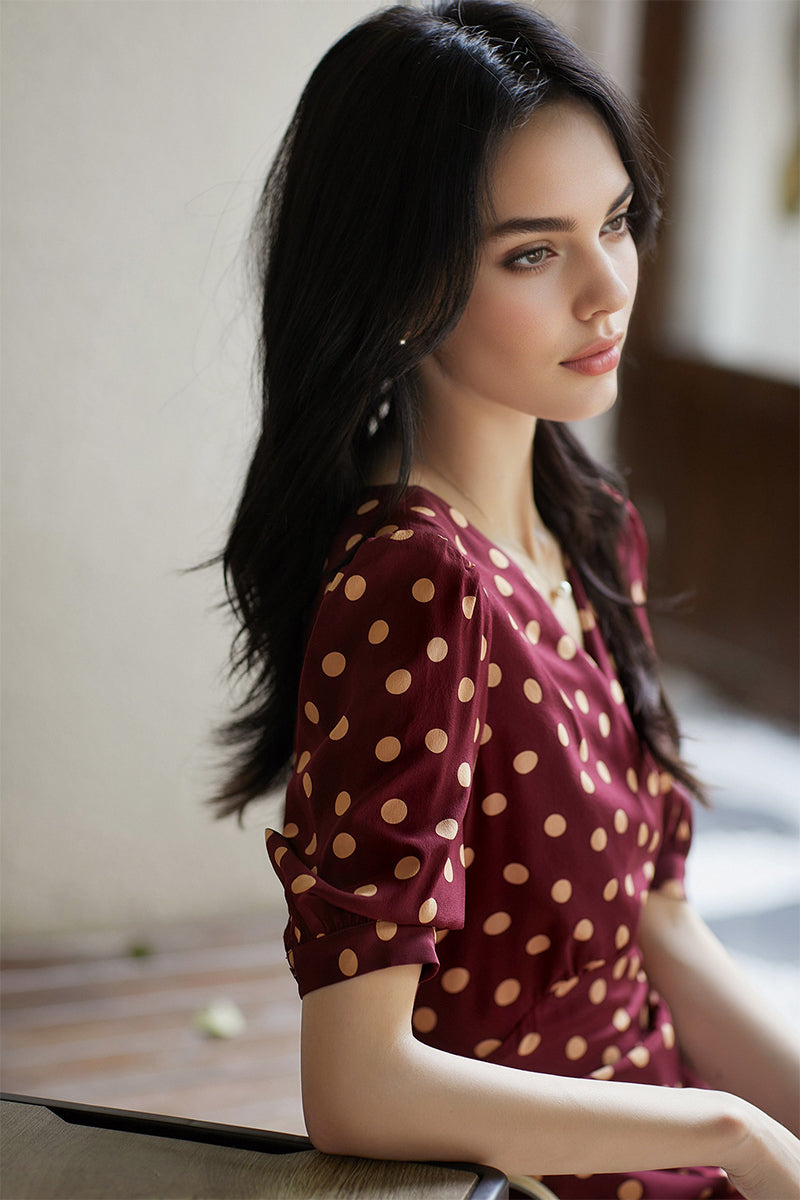 100 Mulberry Silk Red Polka-Dot Midi Tea Dress