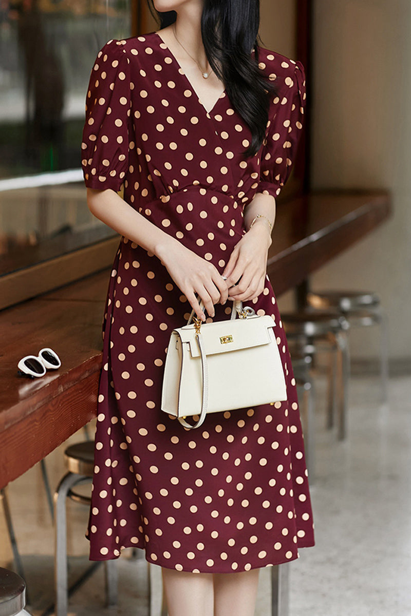 100 Mulberry Silk Red Polka-Dot Midi Tea Dress