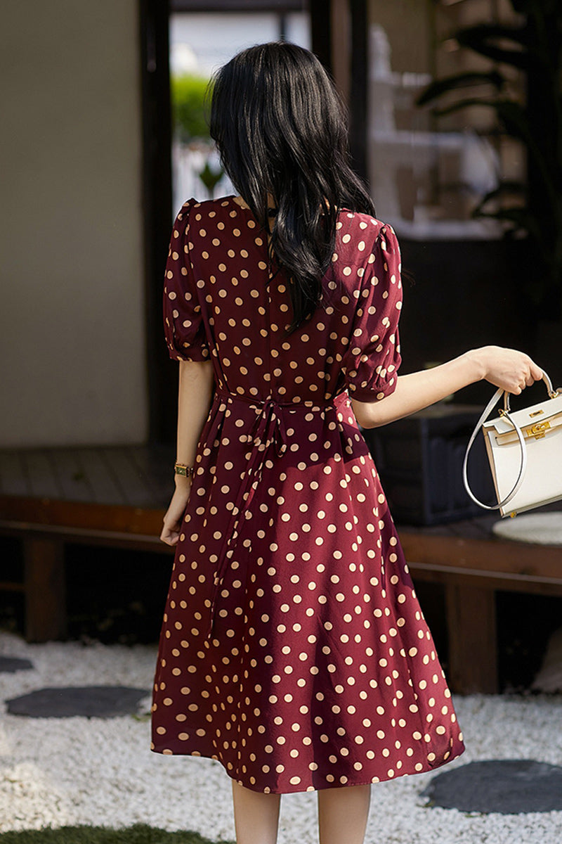 100 Mulberry Silk Red Polka-Dot Midi Tea Dress