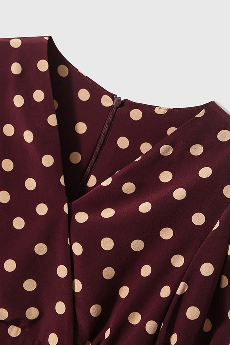 100 Mulberry Silk Red Polka-Dot Midi Tea Dress