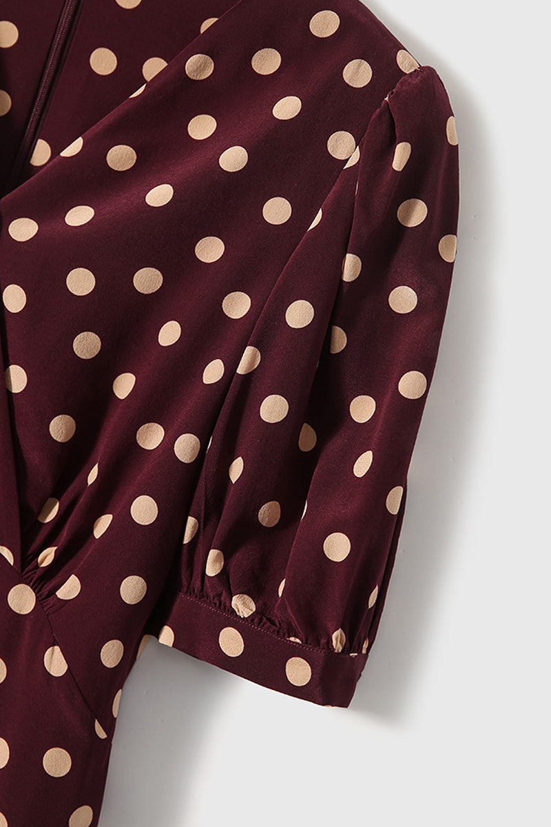 100 Mulberry Silk Red Polka-Dot Midi Tea Dress