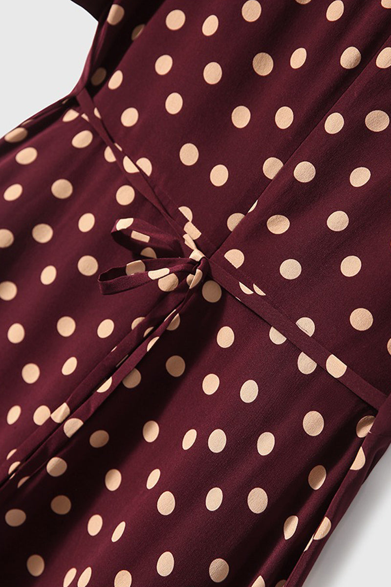100 Mulberry Silk Red Polka-Dot Midi Tea Dress