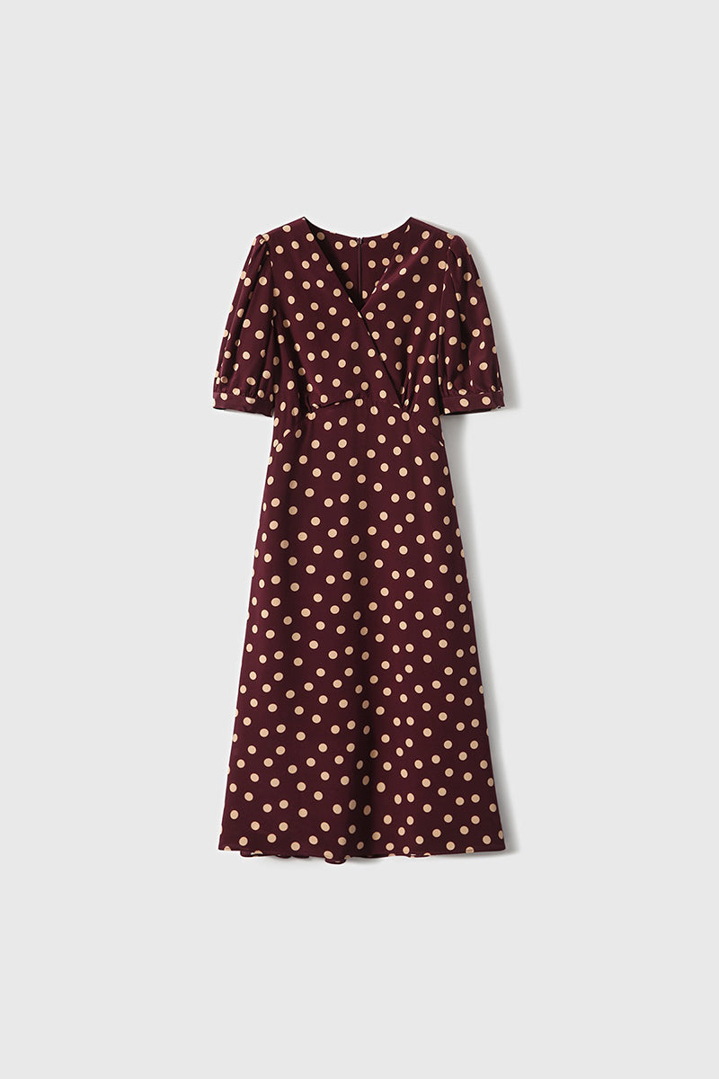 100 Mulberry Silk Red Polka-Dot Midi Tea Dress