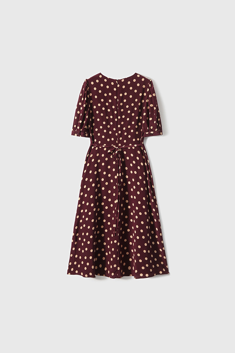 100 Mulberry Silk Red Polka-Dot Midi Tea Dress