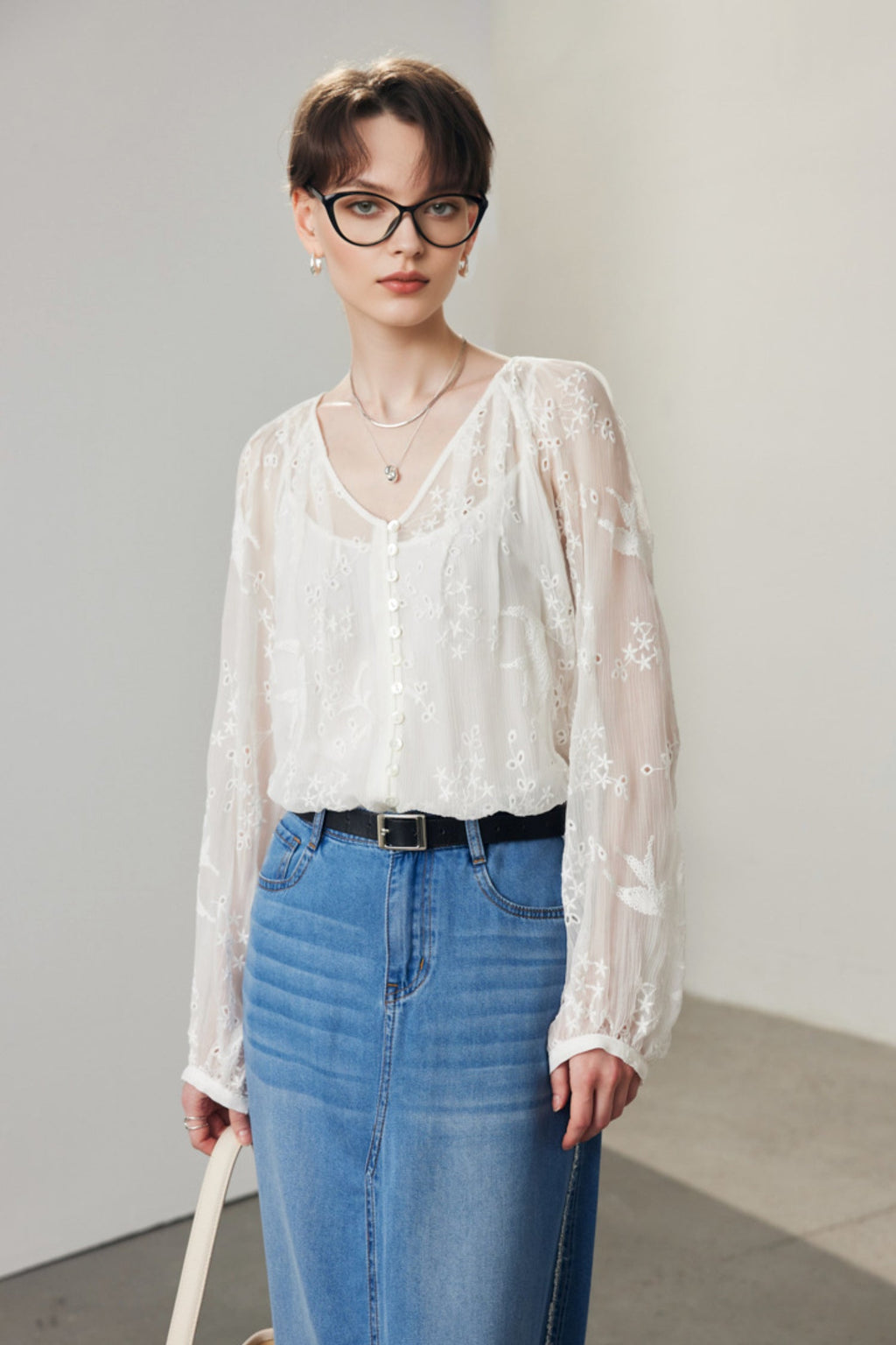 100 Mulberry Silk Sheer Embroidered V-Neck Blouse with Camisole