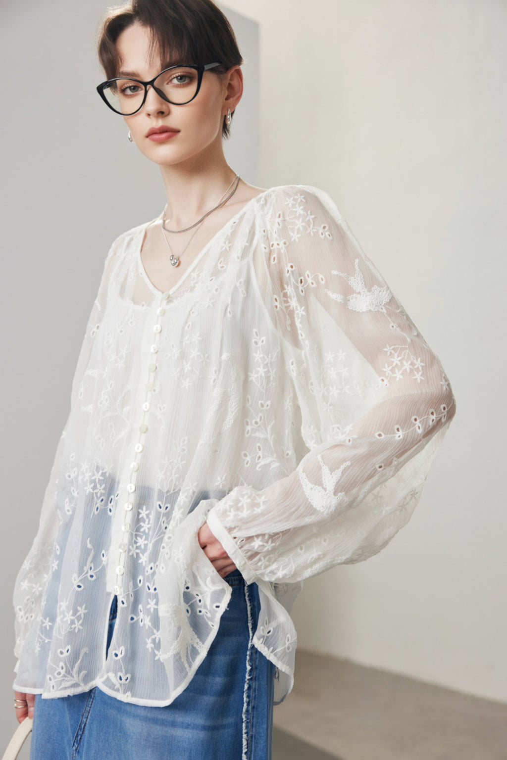 100 Mulberry Silk Sheer Embroidered V-Neck Blouse with Camisole
