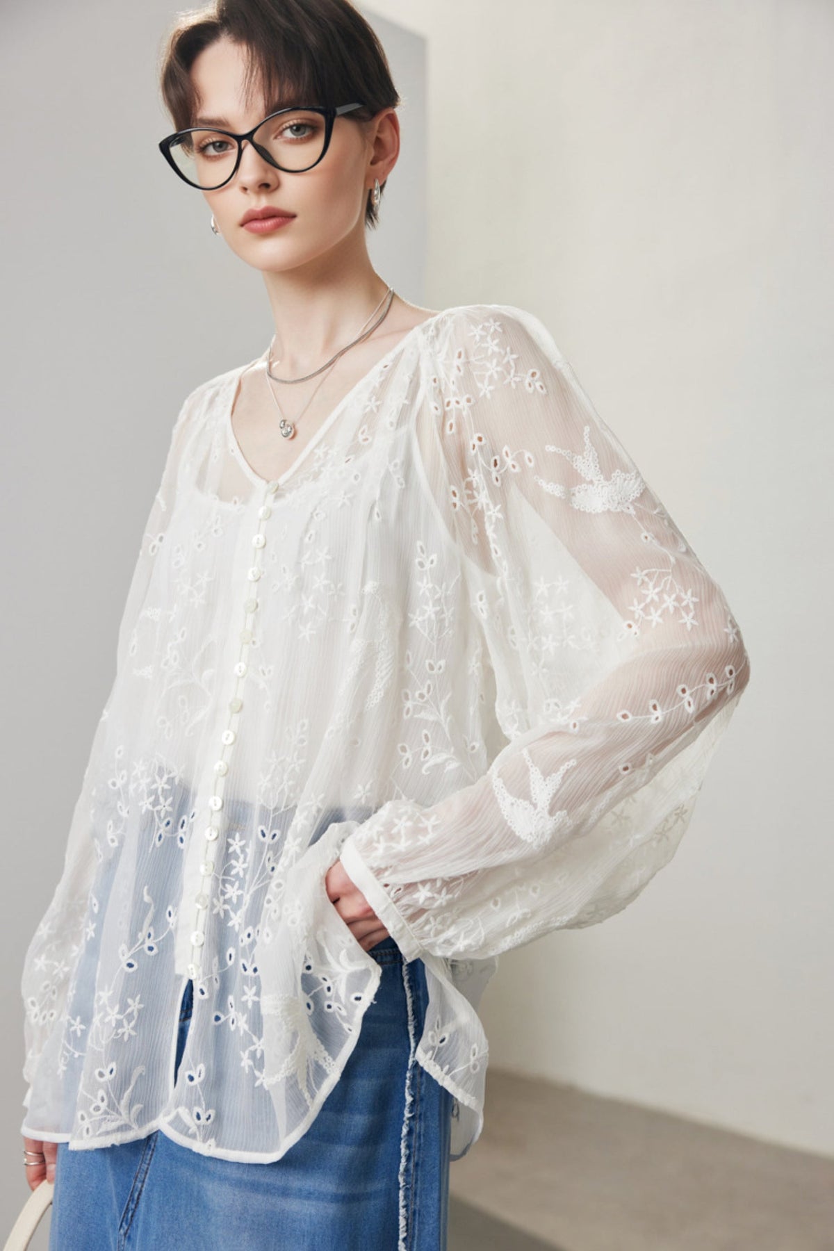 100 Mulberry Silk Sheer Embroidered V-Neck Blouse with Camisole