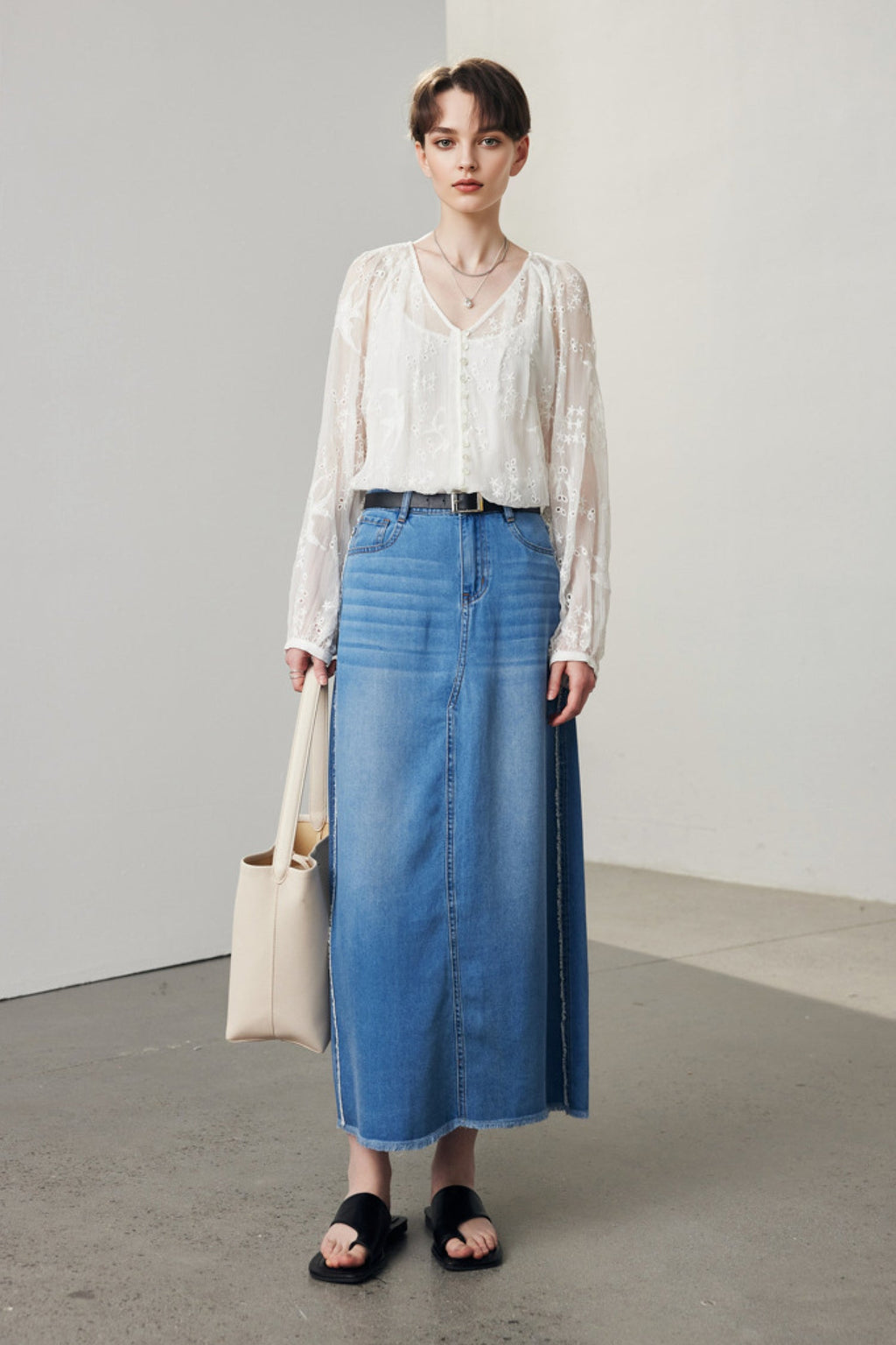 100 Mulberry Silk Sheer Embroidered V-Neck Blouse with Camisole